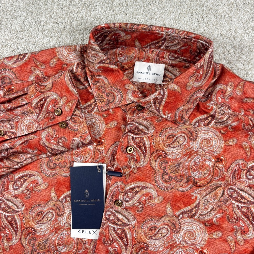 NEW Emanuel Berg Sport Shirt Mens L Red Paisley 4Flex Modern Fit Jersey